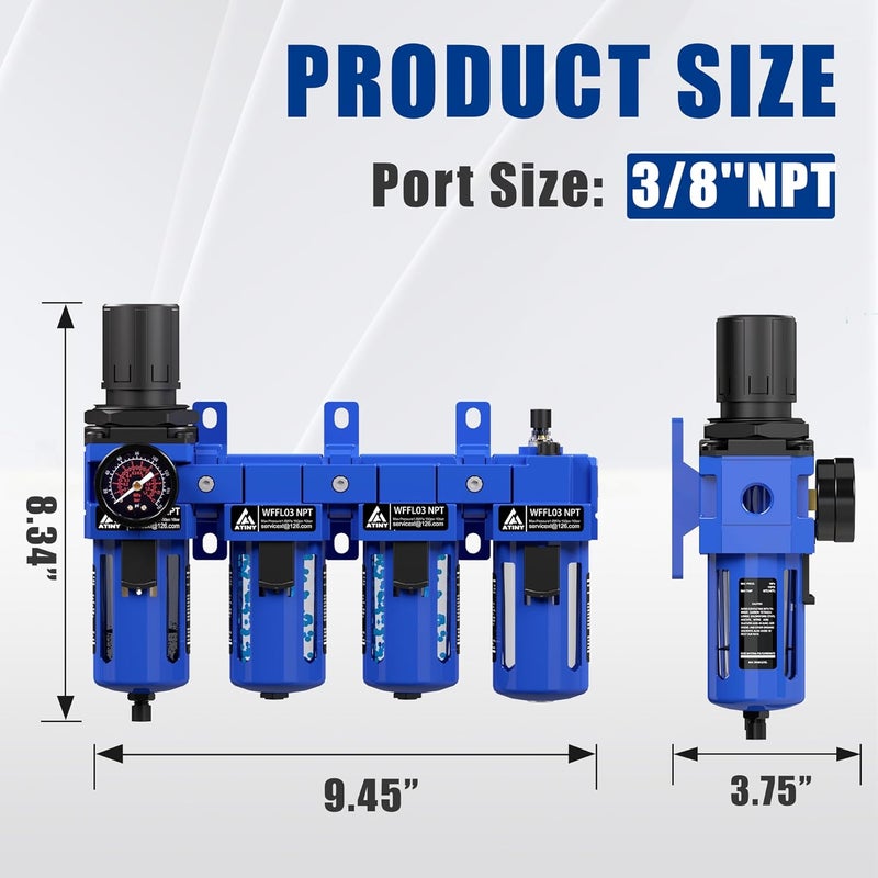 ATINY 3/8" NPT Compressed Air Filter Regulator Lubricator Combo,Air Compressor Dryer Oil Water Separator,Brass Cartridge with Double Desiccant - Gauge(0-150 psi), Poly Bowl, Semi-Auto Drain, Bracket - Image 2
